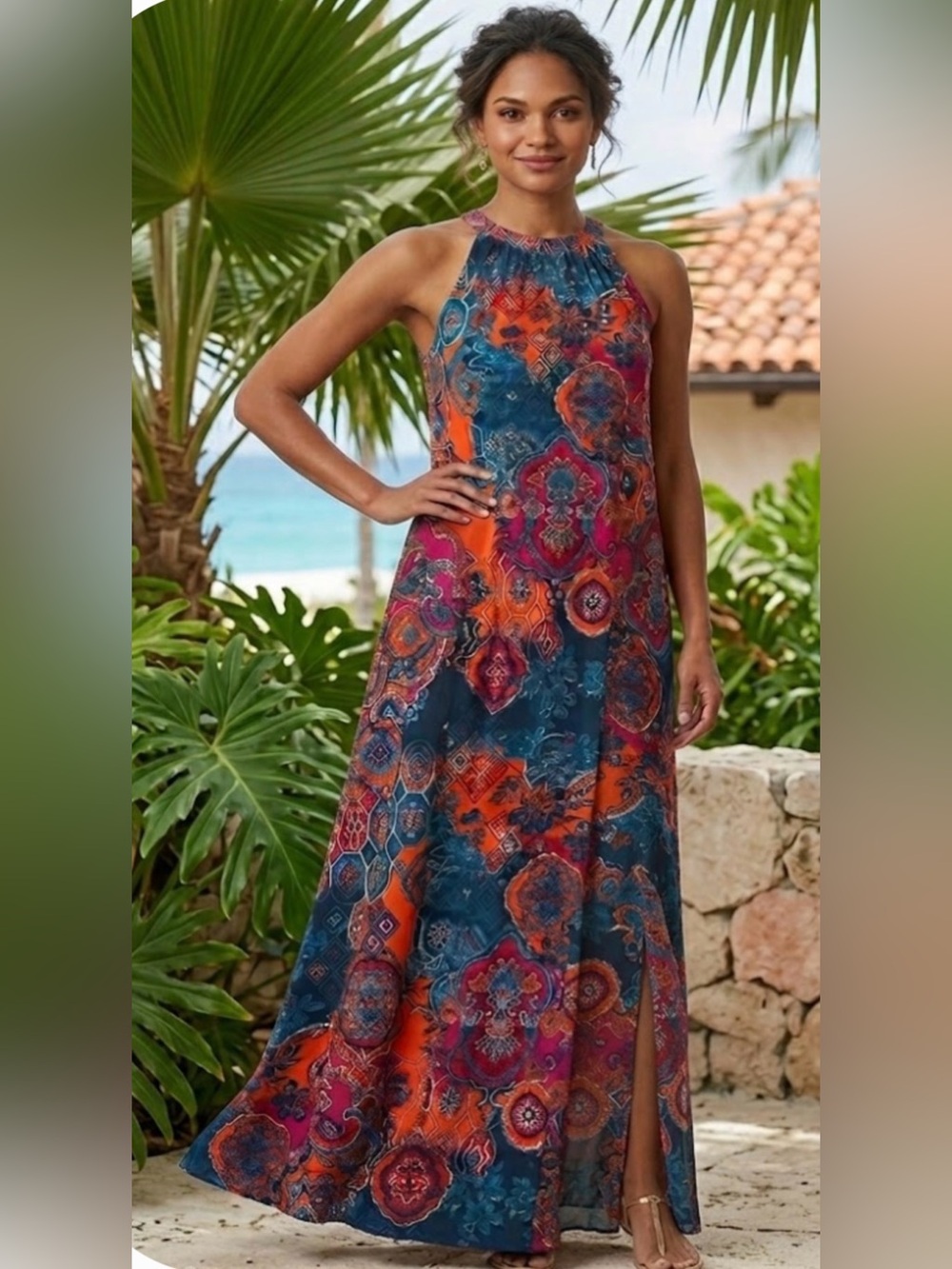 Anne Klein Sleeveless Boho Halter Maxi Dress size 6